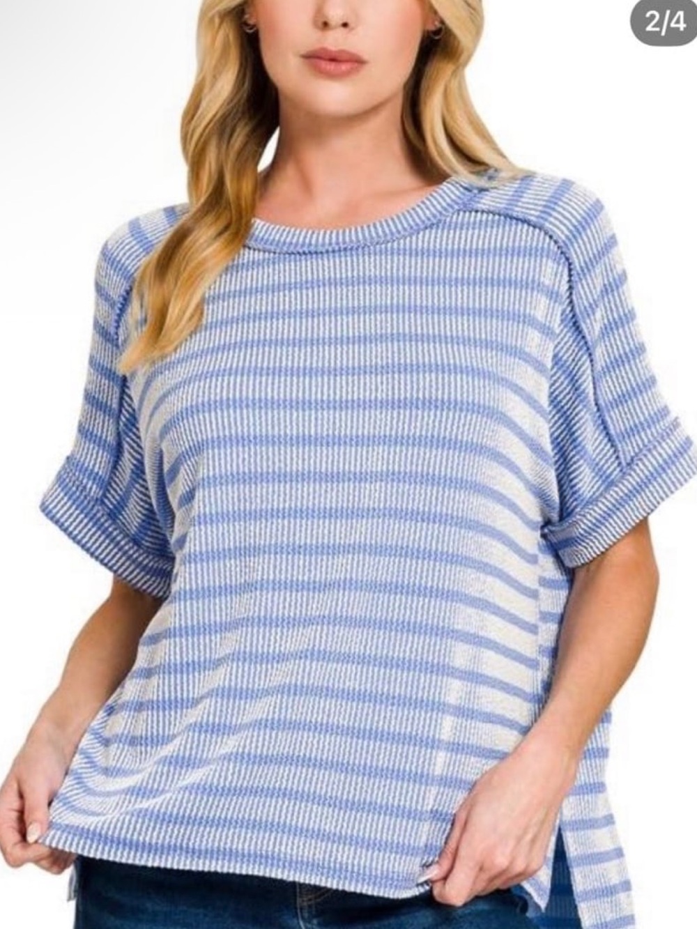 Zenana RAISED RIB STRIPED EXPOSED SEAM TOP Blue Ribbed